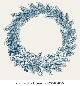 Christmas wreath with pine branches, holly berry leaves and dried orange slices. Hand drawn vector illustration. Vintage blue shade card.