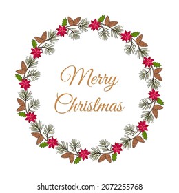Christmas wreath with pine branches and poinsettia. Greeting vector card