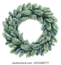 Christmas wreath with pine branches, red berries, blue berries, pinecones, and a red bow. Perfect for holiday decorations, greeting cards, and festive designs.