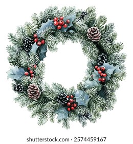 Christmas wreath with pine branches, red berries, blue berries, pinecones, and a red bow. Perfect for holiday decorations, greeting cards, and festive designs.