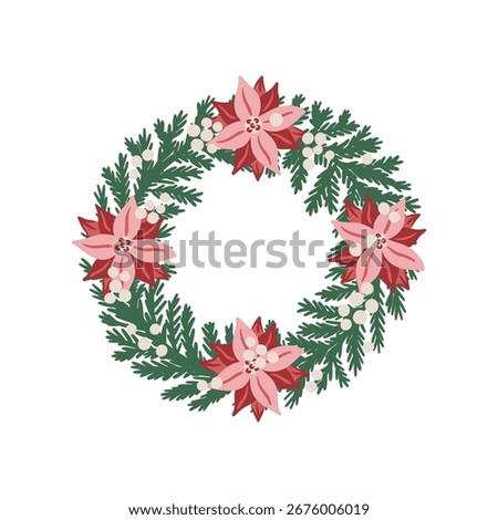 Christmas wreath of pine branches with red and pink poinsettia flowers and white berries. Hand drawn vector isolated illustration. Winter holiday decoration.
