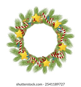 Christmas wreath with pine branches, stars, candy canes, pine cones, and colorful ribbons on white background. Christmas celebration concept. Design for greeting card, invitation, poster, banner.