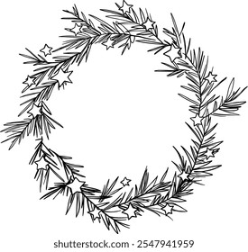 Navidades Corona de ramas de pino con estrellas. Boceto de doodle en blanco y negro. Ilustración vectorial aislada, colorear.