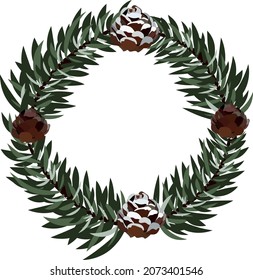 Christmas wreath with pine cone and pine branches.