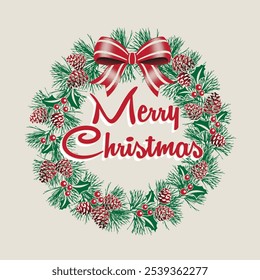 Christmas Wreath with pine cone and Merry Christmas Text Isolated-Christmas Vector Illustration