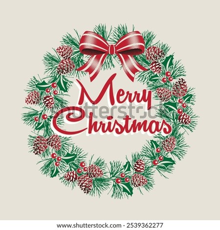 Christmas Wreath with pine cone and Merry Christmas Text Isolated-Christmas Vector Illustration