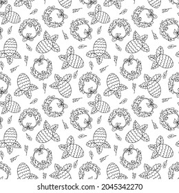 Christmas wreath and pine cone in seamless doodles pattern. Vector endless texture of New Year design elements on white background.