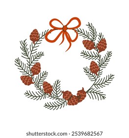 Christmas wreath with pine cones and bow flat color vector object. New Year home decor from fir branches illustration on white background