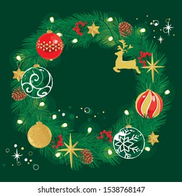 Christmas wreath with pine cones and  and ornament and lectric spectaculars  isolated on white background. Vector illustration