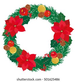 Christmas wreath with pine cones and poinsettia and apple and 
ornament  isolated on white background. Vector illustration