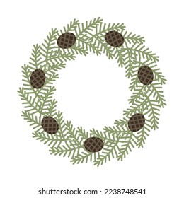 Christmas wreath with pine cones. Simple evergreen conifer ornament.