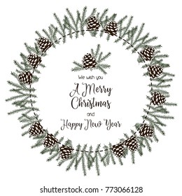 Christmas wreath with pine cones and spruce branches.