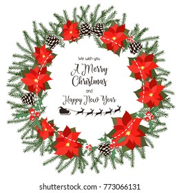 Christmas wreath with pine cones and spruce branches.