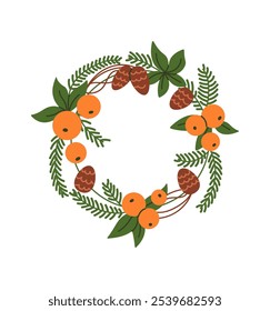 Christmas wreath with pine cones and tangerines flat color vector object. Winter holiday ornament illustration on white background