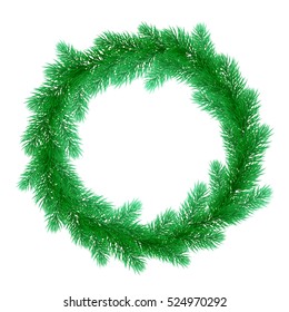 Christmas wreath of pine, fir, spruce branches. Christmas tree. Vector ornament decoration design element for greeting card or Christmas bow door decoration