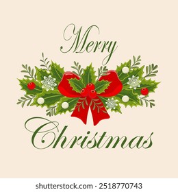 Christmas Wreath with Pine, Rowan, Cinnamon, and Ribbon Holiday Typography Poster. Vector illustration.
