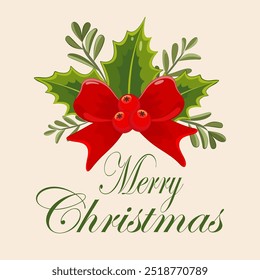 Christmas Wreath with Pine, Rowan, Cinnamon, and Ribbon Holiday Typography Poster. Vector illustration.