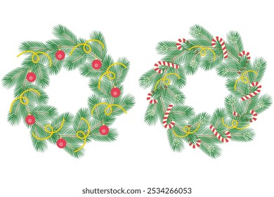Christmas wreath Pine twigs decorated candy canes, snowflakes and streamers. New Year Circle Frames