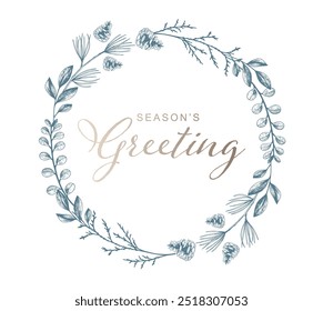 Christmas wreath with pinecones and leaves on white background. Elegant holiday card design for Christmas and winter celebration. Vector hand drawn botanical illustration. 