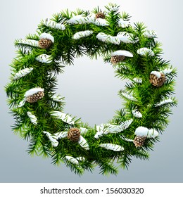 Christmas wreath with pinecones and snow. Wreath of pine branches without decoration. Vector image for new year's day, christmas, decoration, winter holiday, design, new year's eve, silvester, etc 