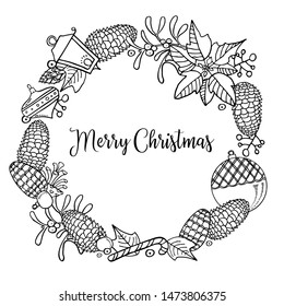 Christmas wreath with pines, poinsettia, mistletoe and toys. Hand drawn outline vector sketch illustration of New Year decorations black on white background