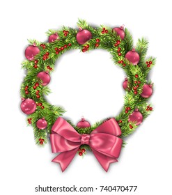 Christmas Wreath with Pink Balls and Bow, New Year Decoration, White Background - Illustration Vector