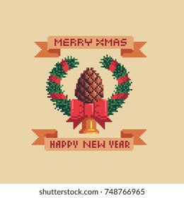 Christmas wreath. Pixel art greeting card emblem design and ribbon with happy new year lettering. Isolated vector illustration
