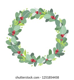 Christmas wreath. Plant crown of leaves and red berries. White background isolated. Place for text. Cartoon vector illustration in flat design style. Template for greeting, Christmas card, banner