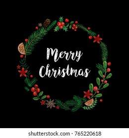 Christmas wreath, plants and berries. traditional stylish stylish embroidery on the black background. sketch for printing on fabric, clothing, bag, accessories and design. vector, trend