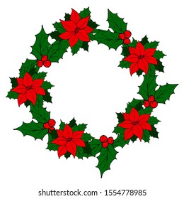 Christmas wreath of poinsetia flowers. Vector illustration. White background