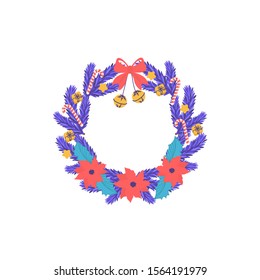 Christmas wreath with poinsetia. Vector illustration can use for the design of brochures, banners, flyers, card.