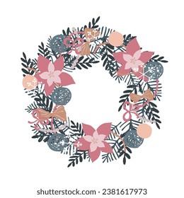 Christmas wreath with poinsettia, bow, twigs, balls and snowflakes on the Christmas tree.