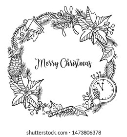 Christmas wreath with poinsettia, fir branches and toys. Hand drawn outline vector sketch illustration of New Year decorations black on white background