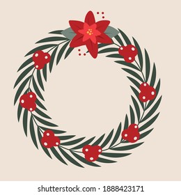 Christmas wreath with poinsettia flower and holly berries. Simple illustration on beige background