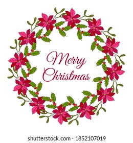 Christmas wreath with poinsettia flowers, holly and mistletoe. Hand drawn vector illustration