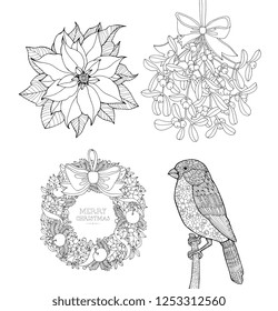 Christmas wreath, poinsettia, hanging mistletoe branch with bow, bullfinch. Xmas symbols. Set collection. Vector artwork. Black and white. Coloring book pages for adult. Holiday concept.