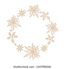 Christmas wreath from poinsettia, holly, anise star. Isolated objects on a white background. Golden images for your decor and design. 