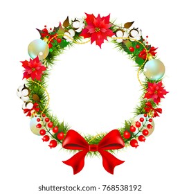 Christmas wreath with poinsettia  isolated on a white