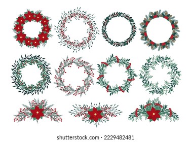 Weihnachtskranz mit Poinsettia, Blättern, Ästen, Beeren, Heiligen, Kiefernkegel. Winterblumenhaus-Kollektion. Vektorrahmen und -anordnung. Happy-Silvester-Illustration einzeln auf weißem Hintergrund