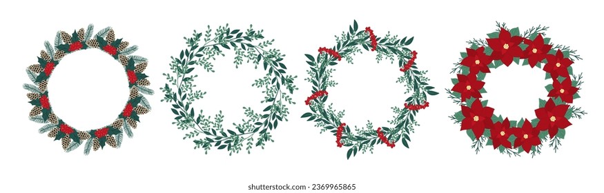 Christmas wreath with poinsettia, leaves, branches, berries, holly, pine cone. Winter floral collection. Vector frame, arrangement. Hand drawn Happy New Year illustration isolated on white background
