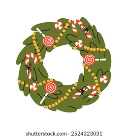 Christmas wreath with poinsettia, leaves, branches, berries, holly, pine cone. Winter floral collection. Vector frame, arrangement. Hand drawn Happy New Year illustration isolated on white background