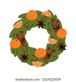 Christmas wreath with poinsettia, leaves, branches, berries, holly, pine cone. Winter floral collection. Vector frame, arrangement. Hand drawn Happy New Year illustration isolated on white background