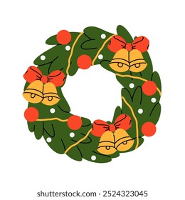 Christmas wreath with poinsettia, leaves, branches, berries, holly, pine cone. Winter floral collection. Vector frame, arrangement. Hand drawn Happy New Year illustration isolated on white background