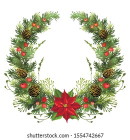 Christmas wreath with poinsettia, mistletoe leaves, fir branches and holly berries. Vector illustration.