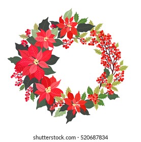 Christmas Wreath. Poinsettia plant, Holly, red berries. Decorative wreath of flowers. Holiday garland, festive clip art isolated on white background. Merry Christmas and Happy New Year Card.