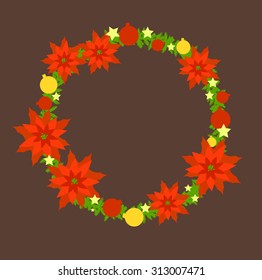 Christmas wreath with poinsettia plant. Vector illustration