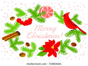 Christmas wreath with poinsettia red flower. Winter floral background with cardinal bird, grapefruit, canella, pine tree and rowan  branches. Seasonal design. Merry Christmas lettering