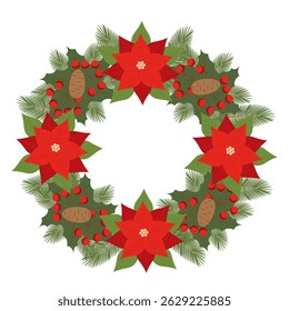 Christmas wreath with poinsettia, spruce branchs, pine cones, berries.