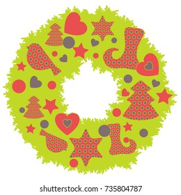Christmas wreath with polka dot Christmas trees, stars, socks, birds and hearts. New Year and Christmas symbols.
