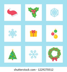 Christmas wreath and present in decorated box vector. Isolated icons of winter holidays symbols, snowflake and Santa Claus hat, baubles and pine tree